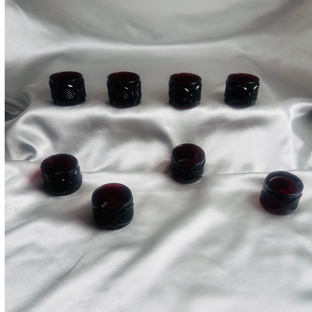 Avon 1876 Cape Cod Collection Ruby Red Glass Napkin Rings Set of 8 Vintage Boxed